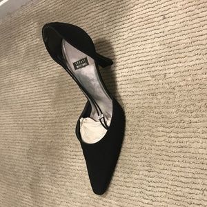 Stuart Weitzman black fabric heels, jewel on strap